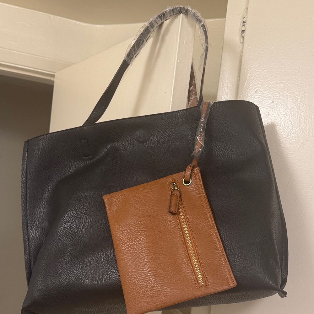 Black Tote Bag with Tan Pouch - Women's Shoulder Bag